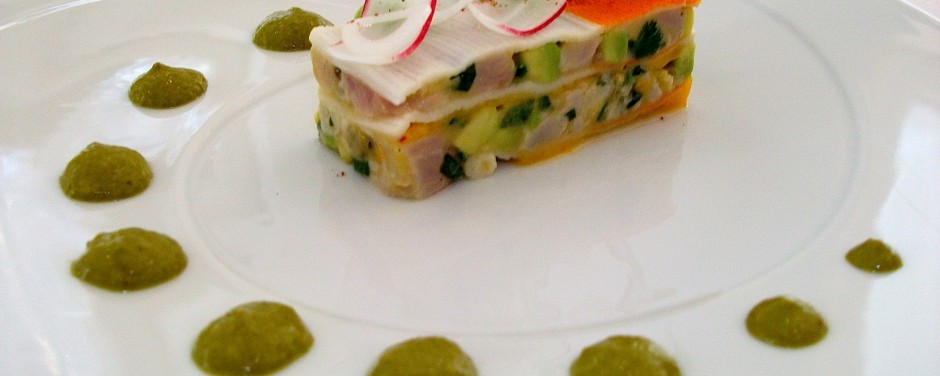 Mille-feuilles de dorade royale, mangue et surimi, Beurre nantais aux fanes de radis