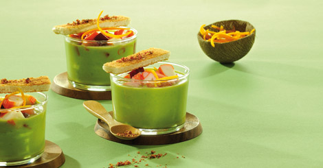 Vert in surimi Poussière d’orange au velouté de petits pois beurre noisette